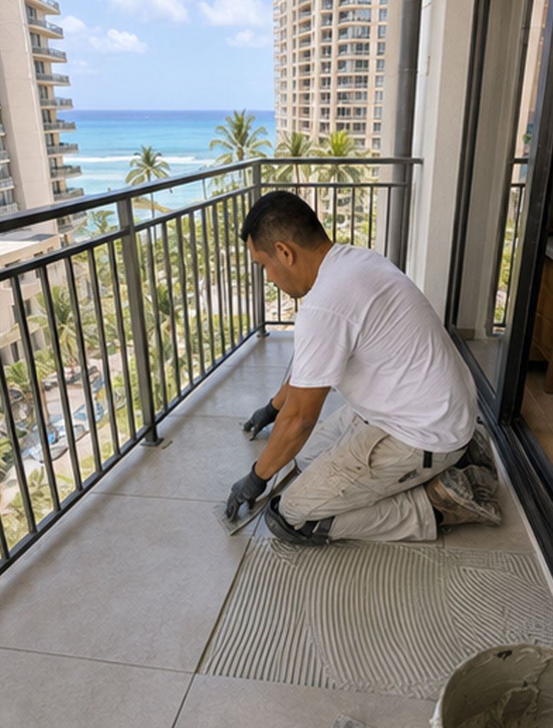 High-rise lanai tile installation overlooking Waikiki and the Pacific Ocean