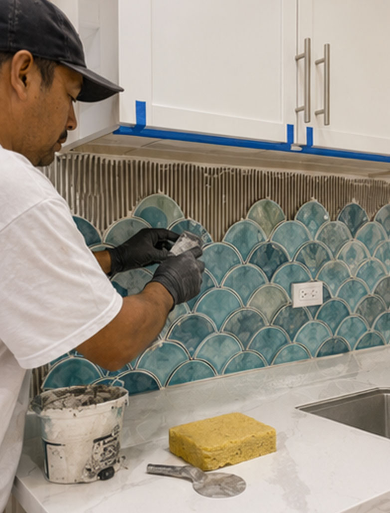 Blue scallop kitchen backsplash tile upgrade in a Waikiki condo
